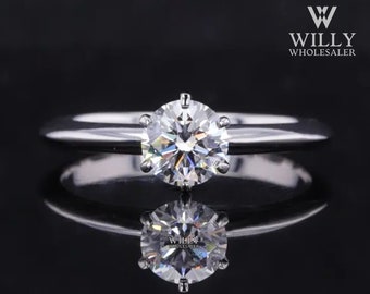 Solitaire Knife Edge Band Basket Set Engagement Ring, 6 Claw Prong Set Wedding Ring, 0.75/ 1.25/ 2 Carat Round Brilliant Cut Moissanite Ring