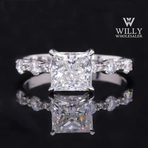 Solitaire Hidden Halo Ring, Four Claw Prong Basket Set Ring, Amazing 2/ 3/ 4 Carat Princess Cut Moissanite Engagement Ring, Anniversary Ring