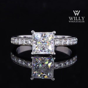 Simply Solitaire 4 Prong Designer Engagement Ring, Colorless 1/ 2/ 3 Carat Princess Cut Moissanite Wedding Ring, Basket Set Anniversary Ring