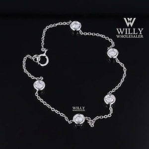 Delicate Round Cut Moissanite Bracelet, Five Stone Full Bezel Set Chain Bracelet, Antique Celebrity Style Bracelet, Christmas Gift For Women