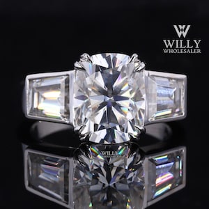 Cushion With Taper Baguette Moissanite Engagement Ring, Three Stone Wedding Ring, 3.75 CT Cushion Cut Double Claw Prong Set Anniversary Ring