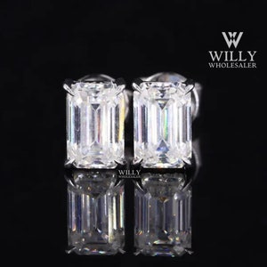 Emerald Cut Moissanite Stud Earrings: Solitaire Basket Setting, Sterling Silver