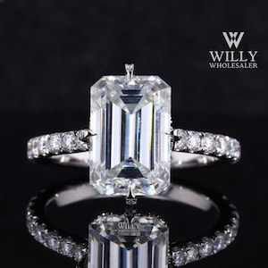 Antique Hidden Halo Cathedral Set Ring, 3/ 4/ 6 Carat Emerald Cut Moissanite Engagement Ring, Four Claw Prong Anniversary Ring, Wedding Ring