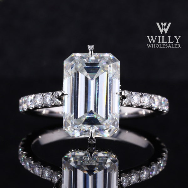 Antique Hidden Halo Cathedral Set Ring, 3/ 4/ 6 Carat Emerald Cut Moissanite Engagement Ring, Four Claw Prong Anniversary Ring, Wedding Ring
