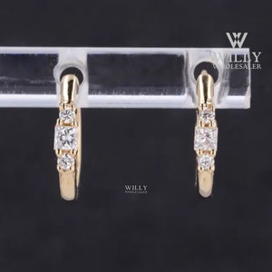 3 Stone Earrings, Hinged Back Huggie Hoop Style Earrings, Antique Princess With Round Cut Moissanite Earrings, 3rd Anniversary Gift For Wife