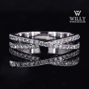 Crossover Matching Wedding Band For Ring, 1/2 Eternity Stacking Engagement Ring, Fiery Round Brilliant Cut Moissanite Ring, Anniversary Ring