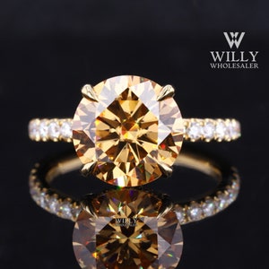 3/4 Eternity Basket Set Anniversary Ring, Hidden Halo 4 Prong Wedding Ring, 1/ 2/ 3 Carat Vivid Yellow Round Cut Moissanite Engagement Ring