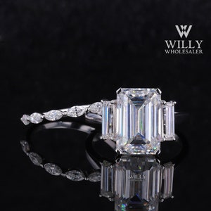 Bridal Set Ring, 3 Stone Designer Ring With Half Eternity Marquise Cut Matching Wedding Band, 3.50 CT Emerald Cut Moissanite Engagement Ring