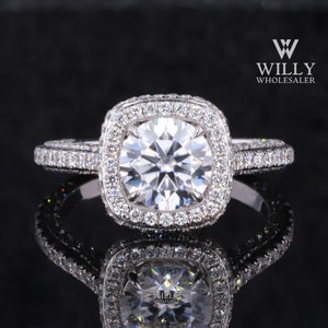 Halo With Hidden Halo 3 Row Pave Set Designer Cushion Shaped Anniversary Ring, 1/2/2.75 Carat Round Brilliant Cut Moissanite Engagement Ring
