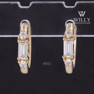 Baguette With Round Cut Moissanite Earrings, Three Stone Huggie Hoop Earrings, Past Present Future Earrings For Ladies, Valentine&#39;s Day Gift