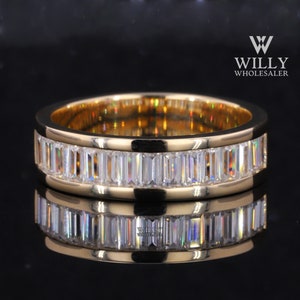 Unisex Channel Set Half Eternity Wedding Band, Straight Baguette Cut Moissanite Engagement Band, Stackable Men&#39;s Ring, Men&#39;s & Women&#39;s Band