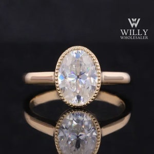 Milgrain Full Bezel Set Wedding Ring, Solitaire Designer Cathedral Set Ring, 2.25/2.75/3.75ct Old Mine Oval Cut Moissanite Anniversary Ring