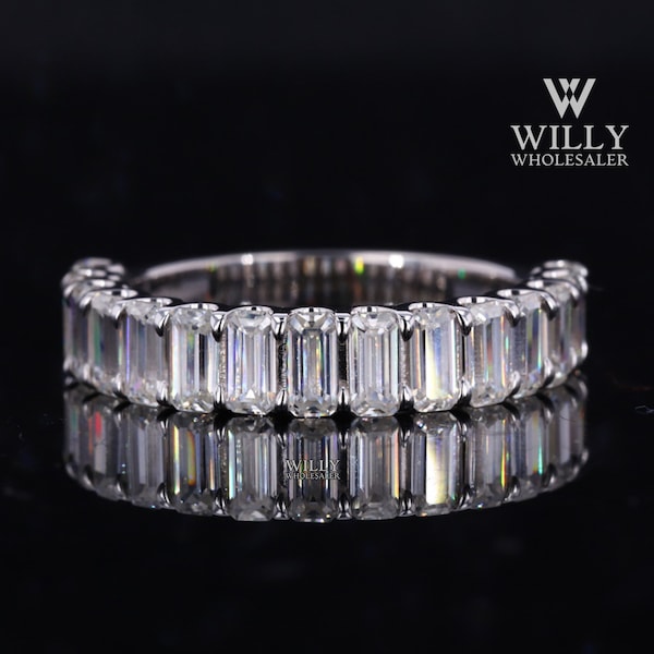3/4 Eternity U Prong Set Designer Matching Wedding Band, Emerald Cut Moissanite Band For Engagement Ring, Stackable Anniversary Ring For Her