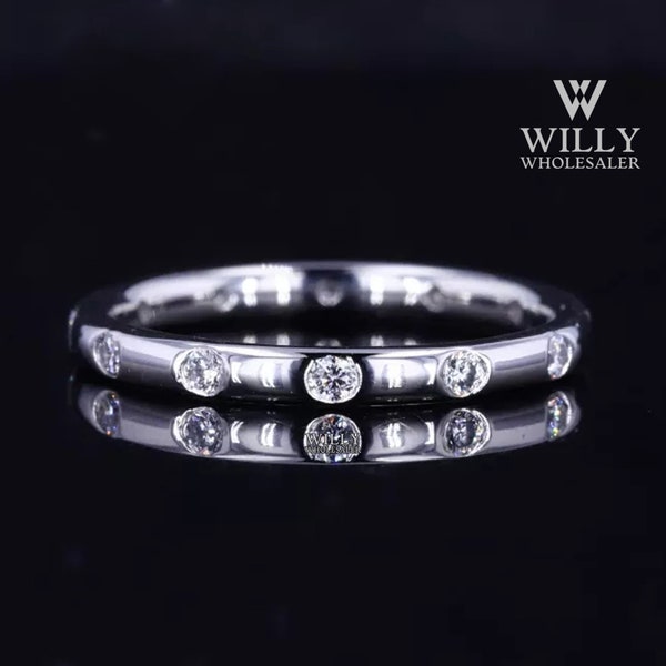 Delicate Round Brilliant Cut Moissanite Engagement Band, Matching Band For Ring, Flush Set Stacking Wedding Band, Anniversary Ring For Women