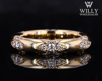 Art Deco Flush Set Eternity Wedding Band: Dainty 1.25 TCW Round Cut Moissanite Engagement Band, 10k/14k/18k Solid Gold Stacking Women's Band