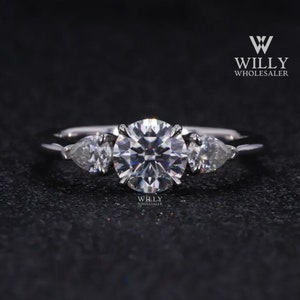 3 Stone Ring, Fiery 1.25/ 2/ 2.5 Carat Round With Pear Cut Moissanite Engagement Ring Women, Pinched Shank 4-Claw Prong Set Anniversary Ring