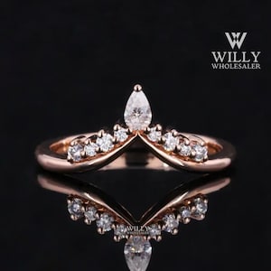 Matching Band For Anniversary Ring For Gift, V Shaped Curved Eternity Wedding Band, Pear With Round Brilliant Cut Moissanite Engagement Band