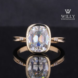Pinched Shank Designer Ring, Full Bezel Cathedral Set Wedding Ring, Colorless 2/ 3/ 5 Carat Old Mine Cushion Cut Moissanite Engagement Ring