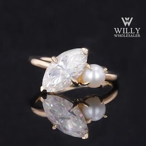 Dainty 1/ 1.75/ 2 Carat Marquise Cut Moissanite With Pearl Ring: Toi Et Moi Two Tone Solid Gold Wedding Ring, 2nd Anniversary Gift For Wifey