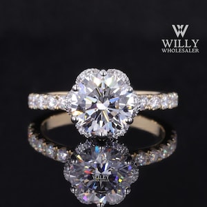 Two Tone Ring, Six Petal Flower Halo Wedding Promise Ring, Fiery 1/1.5/2.25 Carat Round Cut Moissanite Engagement Ring, Valentine&#39;s Day Gift