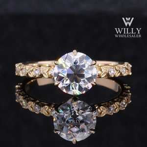 Tulip Basket Design Wedding Ring, 1/ 2/ 2.70 Carat Old European Round Cut Moissanite Anniversary Ring, Art Deco 6 Claw Prong Engagement Ring