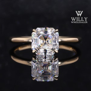 Solitaire Basket Set Anniversary Ring, 4 Claw Prong Rounded Comfort Fit Wedding Ring, 1 / 2 / 3 Carat Asscher Cut Moissanite Engagement Ring