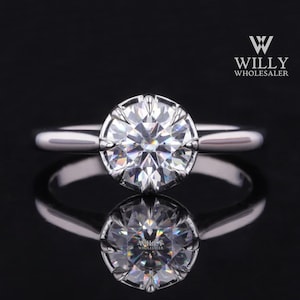 Unique Vintage Wedding Ring, 1.25/ 2/ 2.25 Carat Round Cut Moissanite Engagement Ring, Georgian Cut Down Collet Set Designer Solitaire Ring