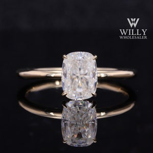 1.7/2.5/3.75 Carat Cushion Cut Moissanite Wedding Ring: 4 Claw Prong Set Solitaire Hidden Halo Anniversary Ring, White/Yellow/Rose Gold Ring