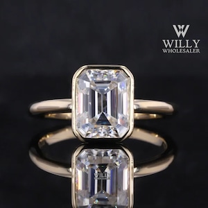 Secure Stone Basket Set Comfort Fit Anniversary Ring, 1/2/3ct Emerald Cut Moissanite Engagement Ring, Full Bezel Set Solitaire Wedding Ring