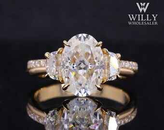 Vintage Style 3 Stone Designer Ring, Sparky 2/3/4 Carat Ice Crushed Oval With Half Moon Cut Moissanite Engagement Ring, 4Claw Prong Set Ring