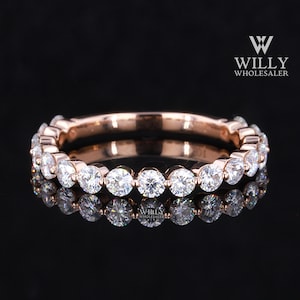 3/4 Eternity Bubble Shaped Shared Prong Set Wedding Band, Round Brilliant Cut Moissanite Anniversary Band, Matching Band For Engagement Ring