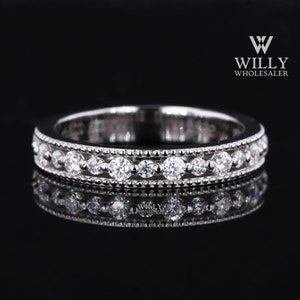 Milgrain Set Half Eternity Designer Wedding Band, Round Brilliant Cut Moissanite Engagement Band, Matching Stacking Band For Bridal Set Ring