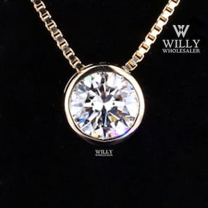 Full Bezel Set Solitaire Pendant, Delicate 1.20/ 2/ 2.25 Carat Round Cut Moissanite Wedding Pendant With Box Chain, Engagement Gift Necklace