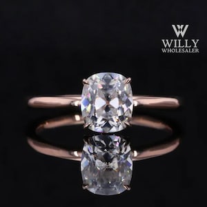 Hidden Halo Solitaire Engagement Ring, Basket Set 4 Claw Prong Wedding Ring, 1/ 2/ 3 Carat Old Mine Cushion Cut Moissanite Anniversary Ring
