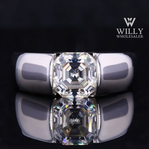 Unisex Ring, Tension Set Vintage Style Solitaire Men's Wedding Ring, Fiery 2/ 3 / 4 Carat Asscher Cut Moissanite Engagement Ring For Her/Him