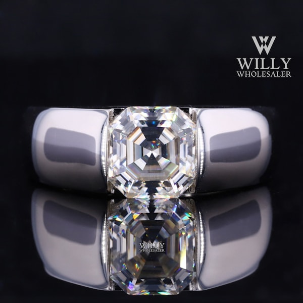 Tension Set Solitaire Men's Wedding Ring: Delicate 2/ 3/ 4 Carat Asscher Cut Moissanite Engagement Ring, Office Wear Ring, Father's Day Gift