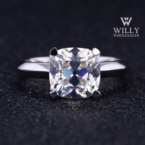 Knife Edge Band Engagement Ring, 4 Prong Set Solitaire Wedding Ring, Sparky 1 / 2 / 3 Carat Old Mine Cushion Cut Moissanite Anniversary Ring