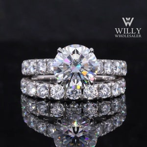 Designer Sturdy Engagement Ring With Half Eternity Matching Wedding Band, 1.5/2.25/2.75 Carat Round Brilliant Cut Moissanite Bridal Set Ring