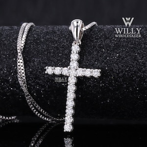 Unique Religious Pendant, Christian Cross Designer Necklace With Box Chain, Round Cut Moissanite Engagement Pendant, Christmas Gift For Her