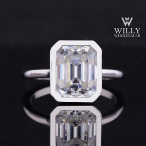 Solitaire Full Bezel Set Art Deco Engagement Ring, 2/3/5 Carat Emerald Cut Moissanite Wedding Ring, Basket Set Secure Stone Anniversary Ring