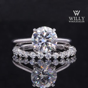 Hidden Halo Engagement Ring With Bubble Set 3/4 Eternity Matching Wedding Band, 1.25/2/2.5ct Round Brilliant Cut Moissanite Ring, Bridal Set