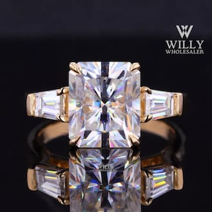 3 Stone Designer Ring, 4 Claw Prong Cathedral Set Anniversary Ring, 4/5/7 Carat Radiant With Tapered Baguette Cut Moissanite Engagement Ring