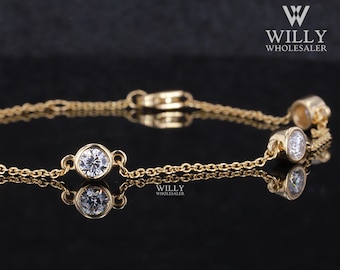 6 Stone Chain Bracelet, Full Bezel Set Delicate Round Cut Moissanite Bracelet, Antique Celebrity Style Bracelet, Anniversary Gift For Women