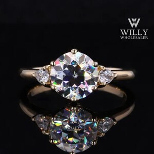 3 Stone Tulip Basket Set Wedding Ring, 6 Prong Cathedral Set Engagement Ring, 1/ 2/ 3 Carat Old European Round With Pear Cut Moissanite Ring