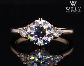 3 Stone Tulip Basket Set Wedding Ring, 6 Prong Cathedral Set Engagement Ring, 1/ 2/ 3 Carat Old European Round With Pear Cut Moissanite Ring