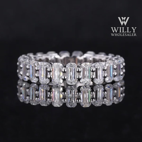 Unique Emerald Cut Moissanite Engagement Band, Designer Full Eternity Stackable Matching Wedding Band, Prefect Anniversary Ring Gift For Her