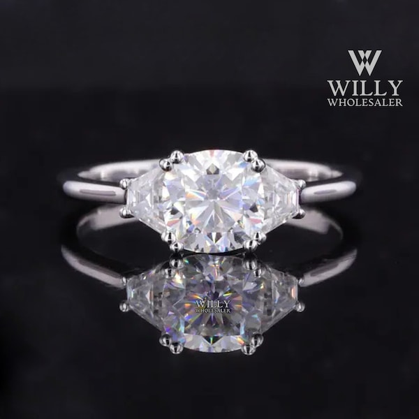 3 Stone Art Deco Solitaire Designer Anniversary Ring, 1/ 2/ 3 Carat Cushion Cut Moissanite Engagement Ring, Cathedral Set Wedding Ring Gioft