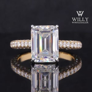 Hidden Halo Two Tone Anniversary Ring, Four Claw Prong Basket Set Wedding Ring, Amazing 2/ 3/ 5 Carat Emerald Cut Moissanite Engagement Ring