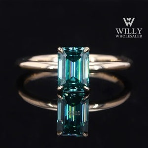 Solitaire Designer Wedding Ring, 4 Prong Basket Set Engagement Ring, 1/ 1.75/ 2.40 Carat Green Emerald Cut Moissanite Anniversary Ring Gift