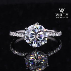 Hidden Halo Solitaire Engagement Ring, 6Claw Prong Basket Set Ring, 1.25/ 2/ 2.75 Carat Round Brilliant Cut Moissanite Anniversary Ring Gift